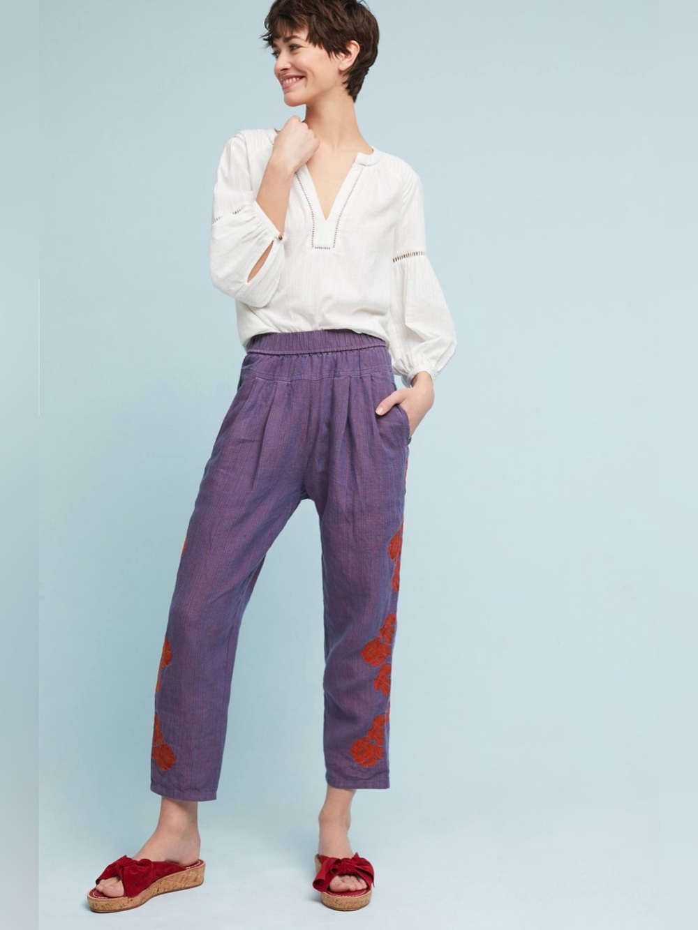 Anthropologie Embroidered Linen Pants